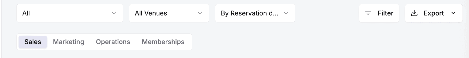 The Reports page filter controls β time period, venue, and date mode dropdowns with Filter and Export buttons β above the Sales, Marketing, Operations, and Memberships tabs