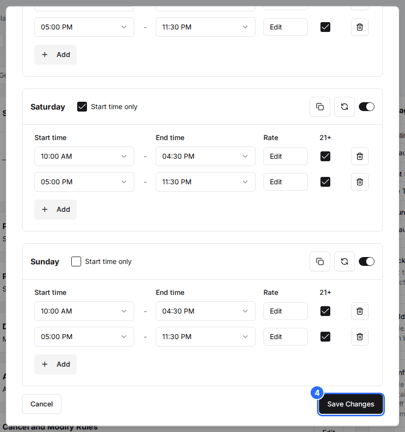 The bottom of the Schedule window with Start time only ticked on Saturday and the Save Changes button marked