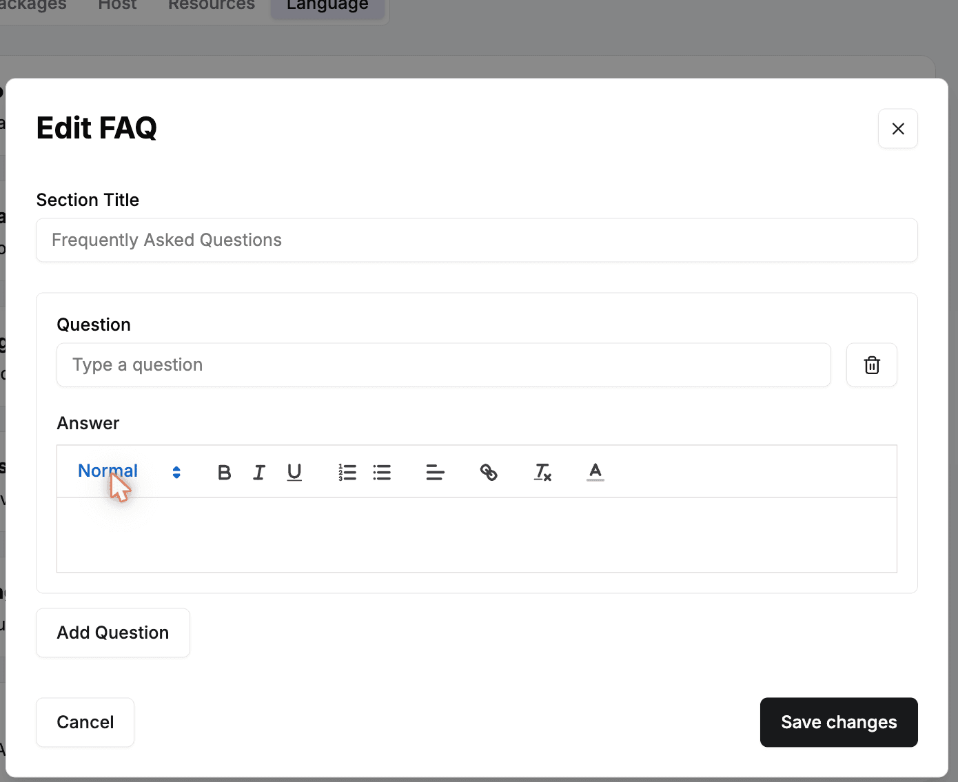 The Edit FAQ editor with the Section Title field, a Question and rich-text Answer pair, and the Add Question button