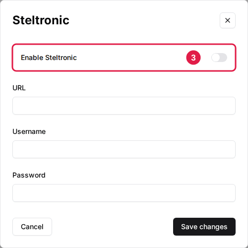 Steltronic settings window on a venue's General tab with the Enable Steltronic toggle and URL, Username and Password fields
