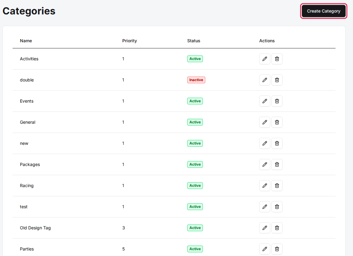The Categories page under Manage listing each category's priority and status, with the Create Category button outlined.