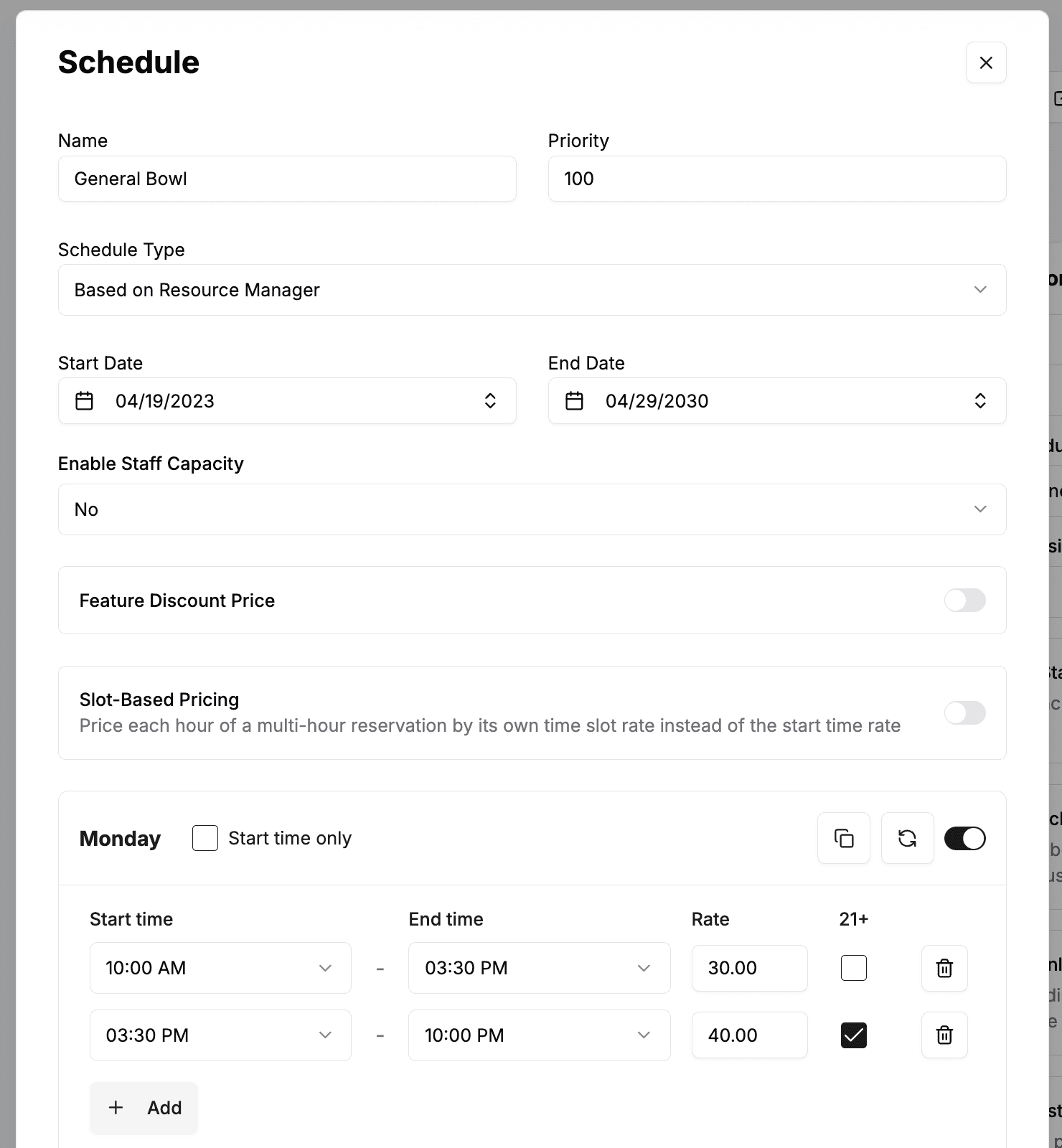 The Schedule window showing two time slots at different rates β an afternoon slot at $30 and an evening slot at $40 β plus the Slot-Based Pricing toggle.