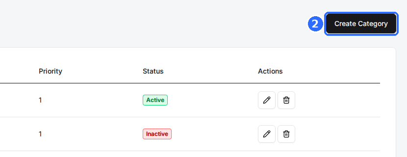 The top-right corner of the Categories page with the Create Category button above the category table