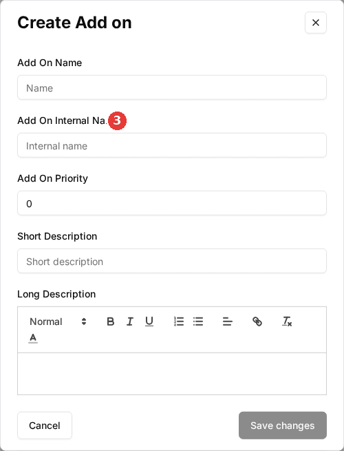 The Create Add on window with Add On Name, Add On Internal Name, Add On Priority, Short Description and Long Description