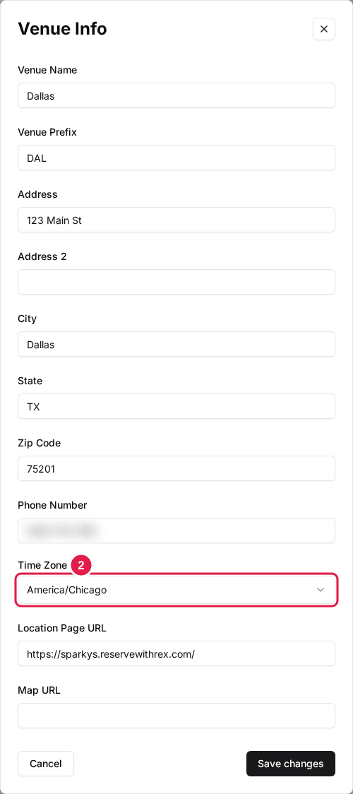 The Venue Info dialog with the Time Zone dropdown outlined, set to America/Chicago, below the address and phone fields (phone blurred).
