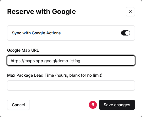 The venue's Reserve with Google window with Sync with Google Actions on and the Save changes button marked (6)