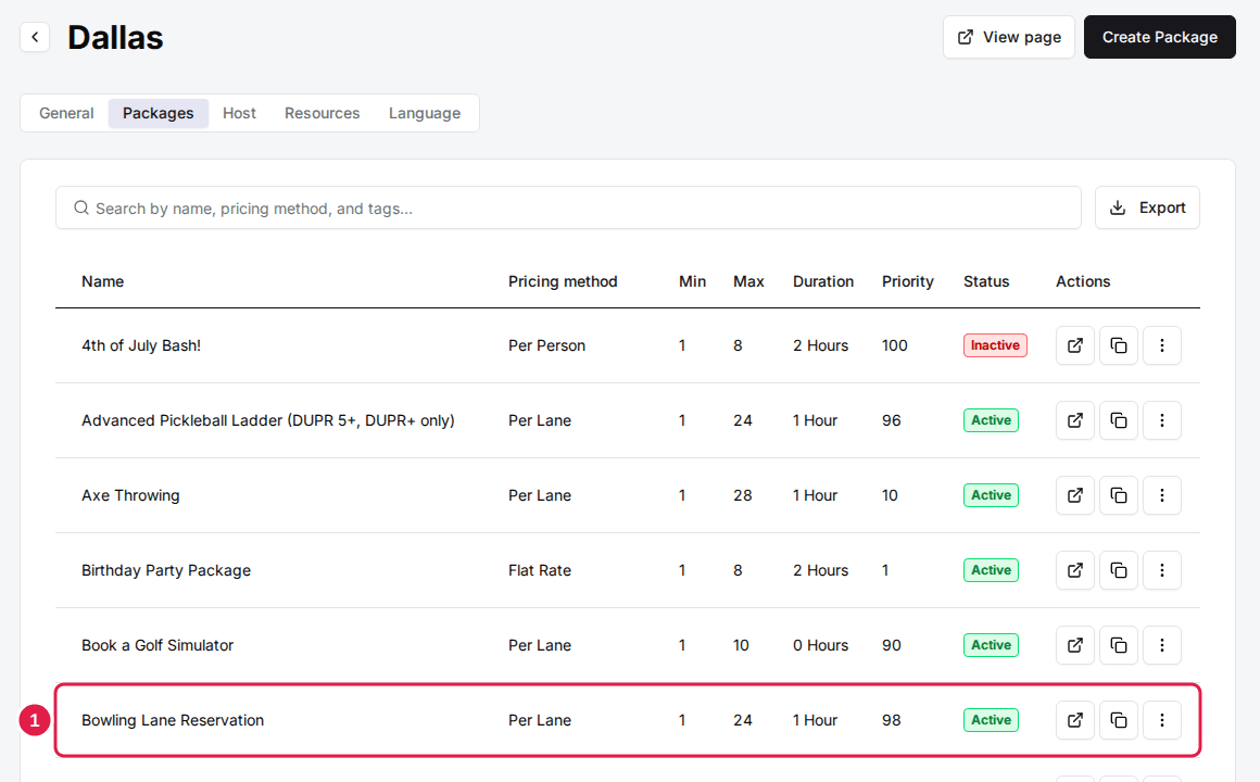 A venue's Packages tab listing packages with name, pricing method, min, max, duration, priority and status, with the Bowling Lane Reservation row outlined.