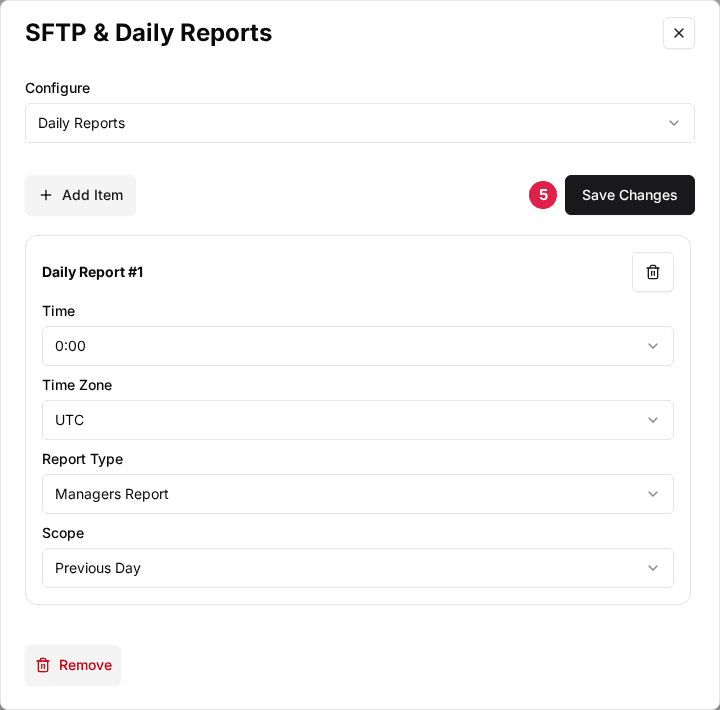 SFTP & Daily Reports window with a Daily Report added and the Save Changes button marked (5)