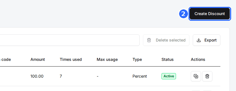 The top-right corner of the Discounts page with the Create Discount button above the Delete selected and Export buttons