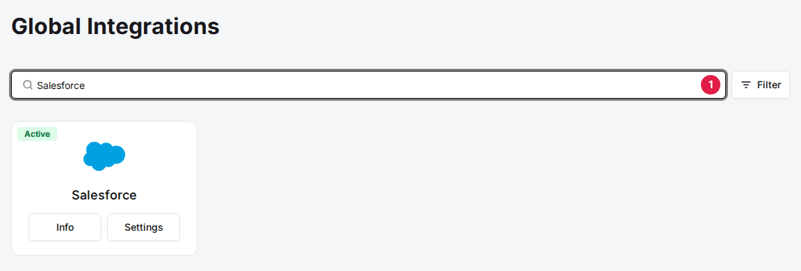 Global Integrations page with Salesforce typed in the search box (1) and the Salesforce card below