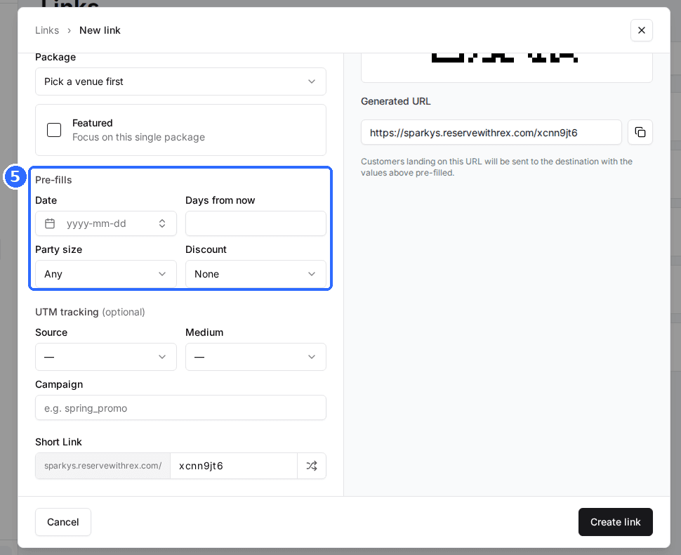 The New link window scrolled to Pre-fills, with Date, Days from now, Party size and Discount