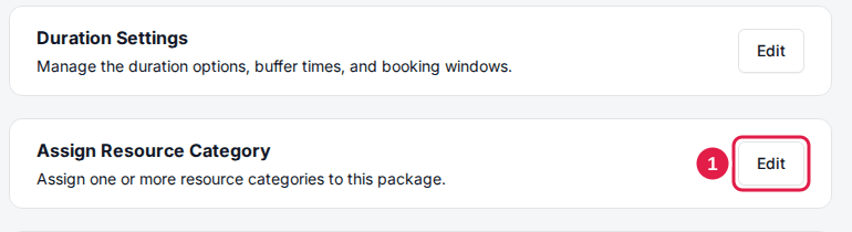 Package page with the Edit button on the Assign Resource Category card highlighted