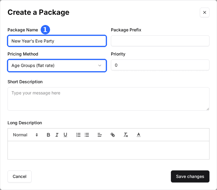 The Create a Package window with Package Name set to New Year's Eve Party and Pricing Method set to Age Groups (flat rate).
