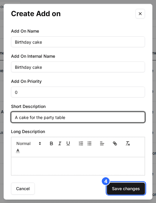 The Create Add on window filled in with Add On Name, Internal Name and Short Description and the Save changes button marked