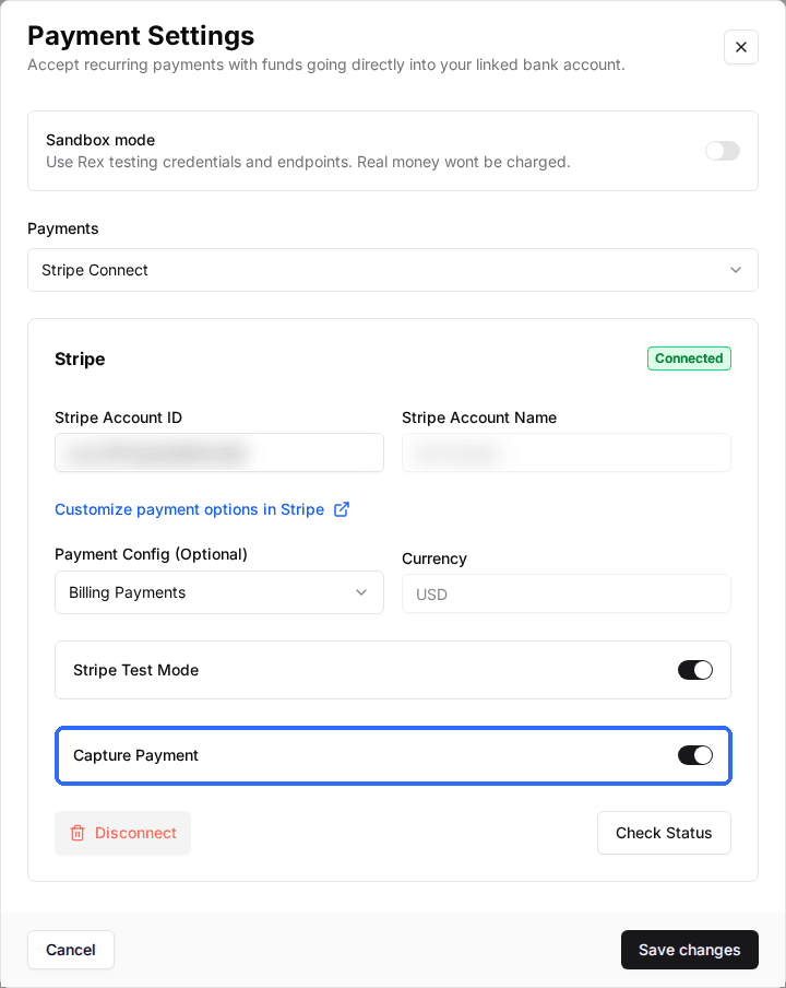 The venue's Payment Settings window with the Stripe card and the Capture Payment switch highlighted