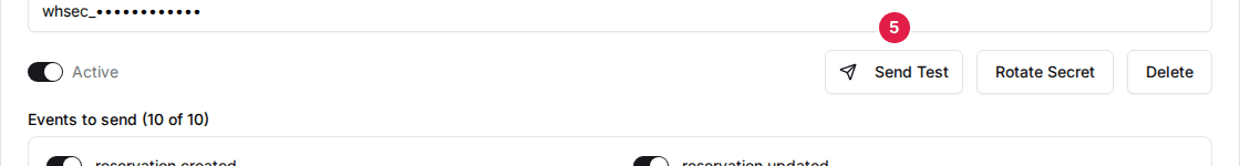 A webhook endpoint card with the Active switch and the Send Test button marked (5)