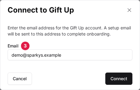 The Connect to Gift Up window with the Email field (3) filled with a demo address