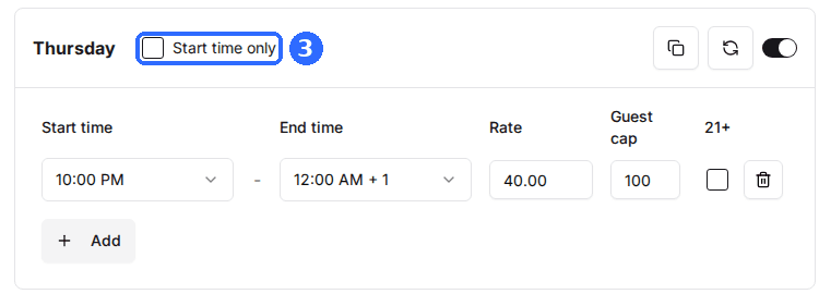 A day header in the Schedule window with the Start time only checkbox highlighted.