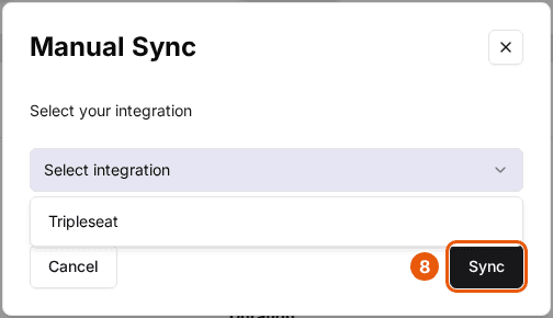 The Manual Sync dialog with the integration dropdown open showing Tripleseat, and the Sync button highlighted