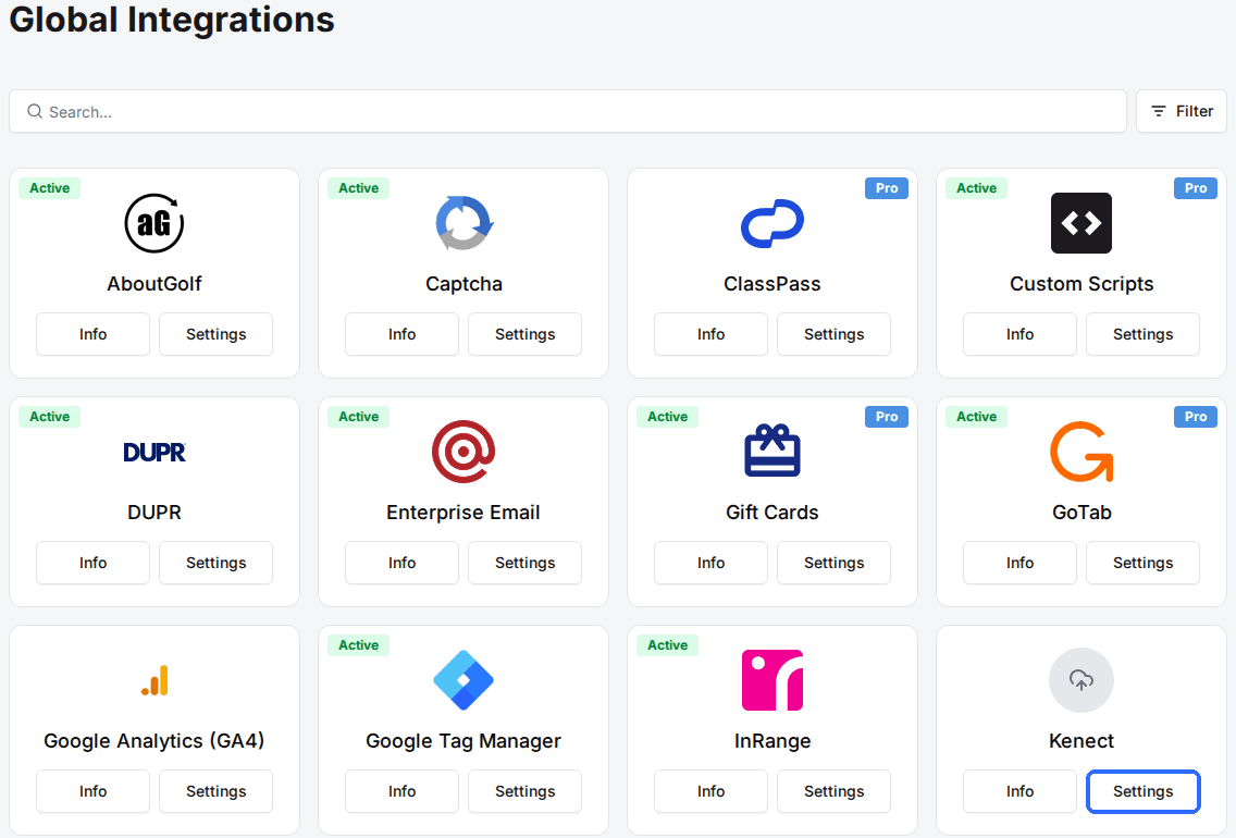 The Global Integrations page with integration cards, some with an Active badge and some without, and the Settings button on a card without one
