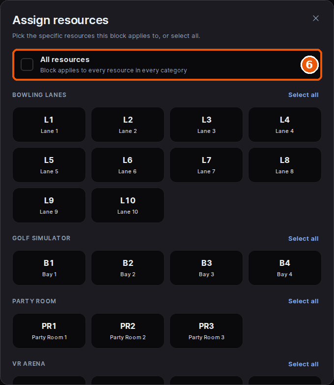 The Assign resources dialog with the All resources option highlighted above the resources grouped by category, each with a Select all link