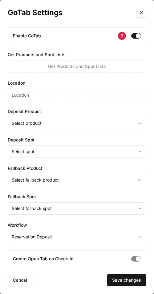 The venue's GoTab Settings window with the Enable GoTab switch (3) turned on and the Location field empty