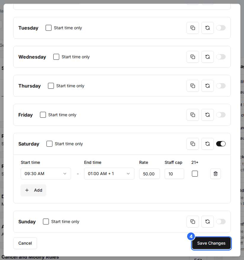 The bottom of the Schedule window with the Staff cap column on a time slot and the Save Changes button marked