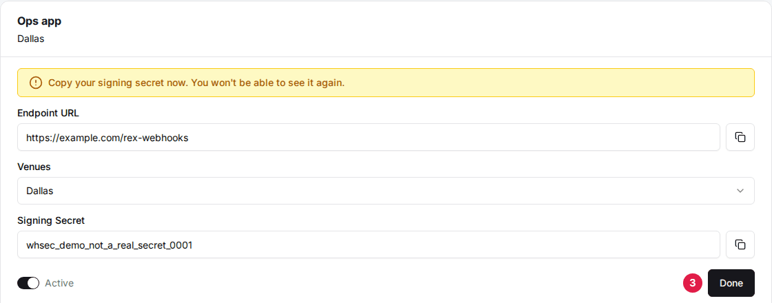 A new webhook endpoint's card showing its signing secret with the copy-now warning and the Done button (3); demo placeholder values