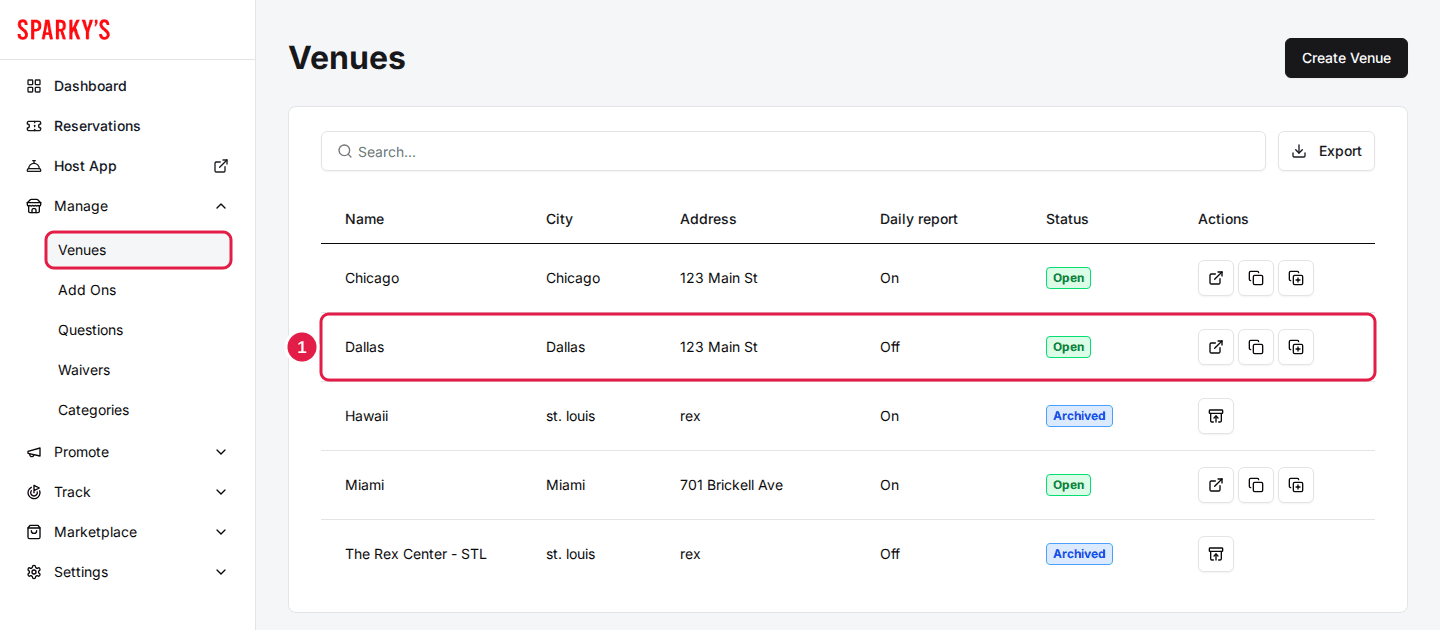 The Venues page under Manage with the Dallas venue row outlined in the venue list and Venues highlighted in the left menu.