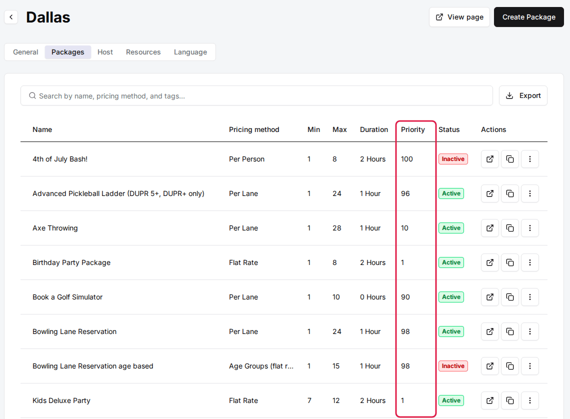 A venue's Packages tab with the Priority column outlined next to each package's Status.