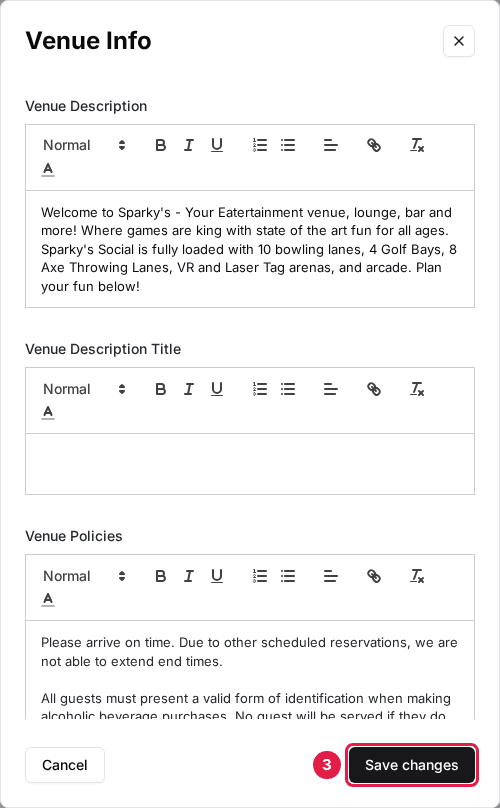 The Venue Info dialog on the Language tab with the Save changes button outlined at the bottom.