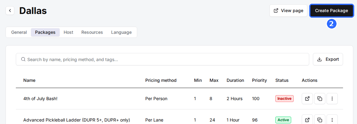 The Packages tab with the Create Package button highlighted in the top right corner.
