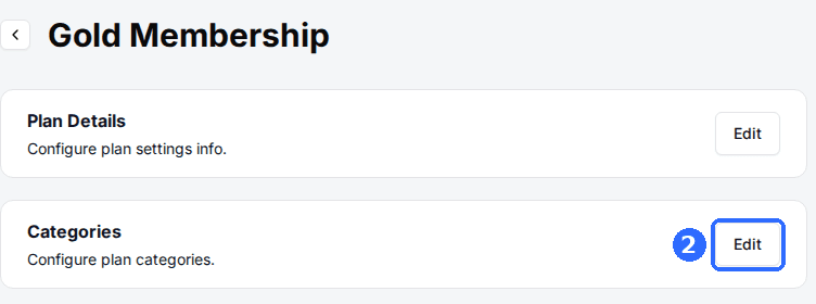 A membership plan page with the Plan Details card and the Categories card (Configure plan categories.), each with an Edit button