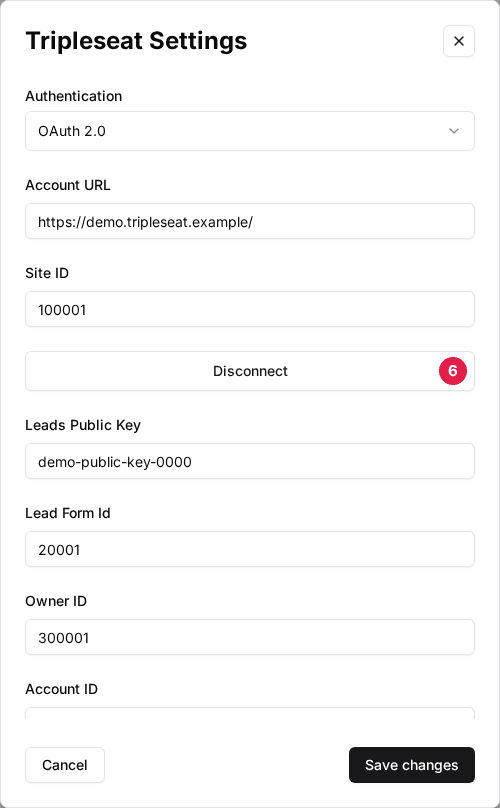 Tripleseat Settings window after connecting: the button now reads Disconnect (6); placeholder account values