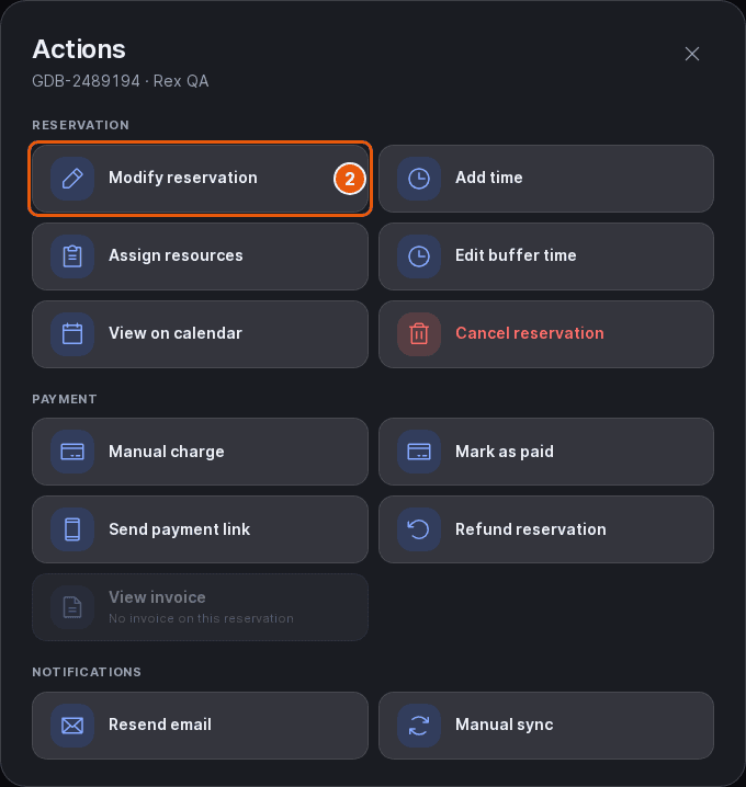 Actions sheet with Modify reservation marked in the Reservation group