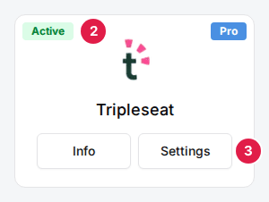 The Tripleseat card with its Active badge (2) and the Info and Settings buttons, Settings marked (3)