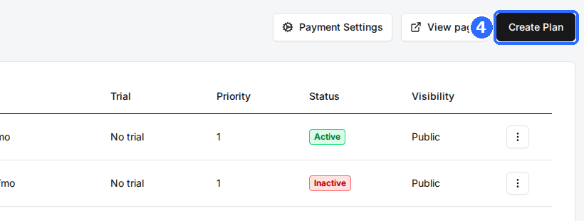 The top of the Memberships page with the Payment Settings, View page and Create Plan buttons