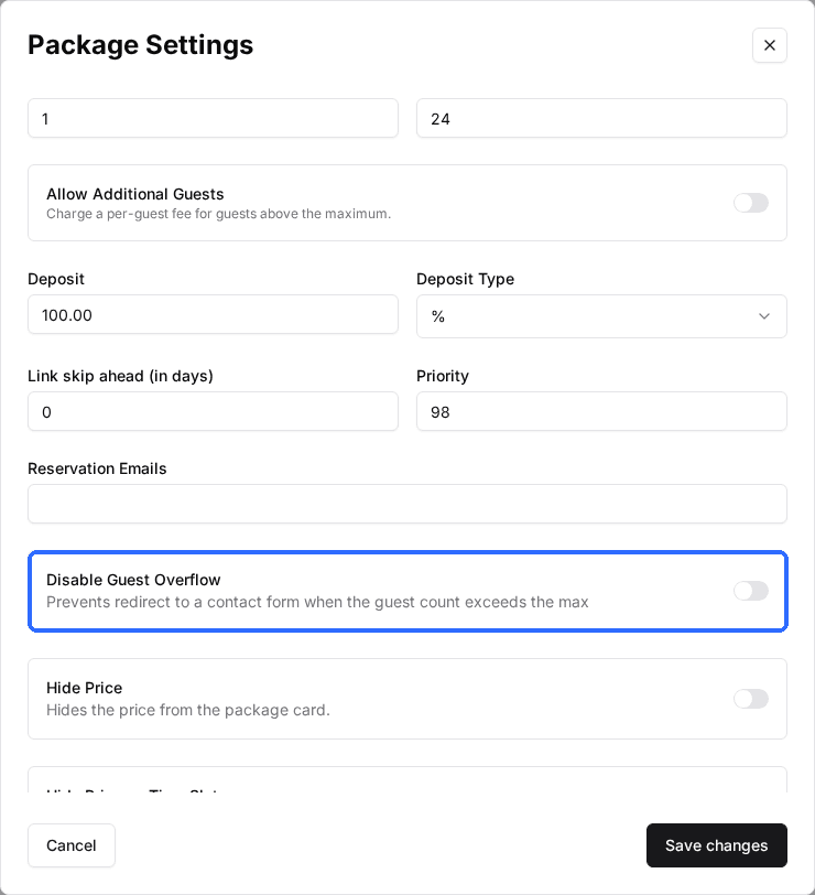 The Package Settings window with the Disable Guest Overflow toggle highlighted.