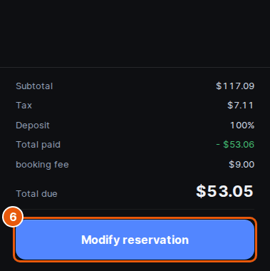 Bottom of the Order panel with the Modify reservation button marked under Total due