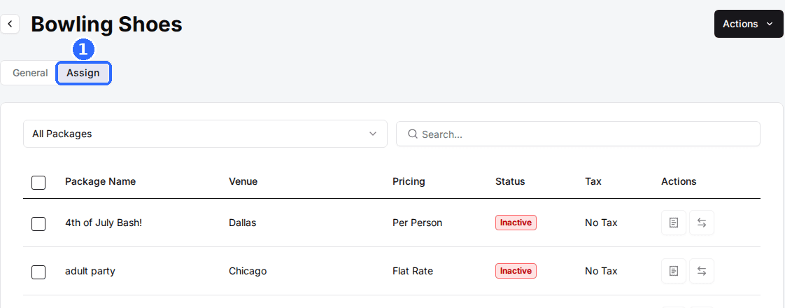 An add-on's Assign tab with the All Packages filter, the Search box and the package table with Package Name, Venue, Pricing, Status, Tax and Actions columns
