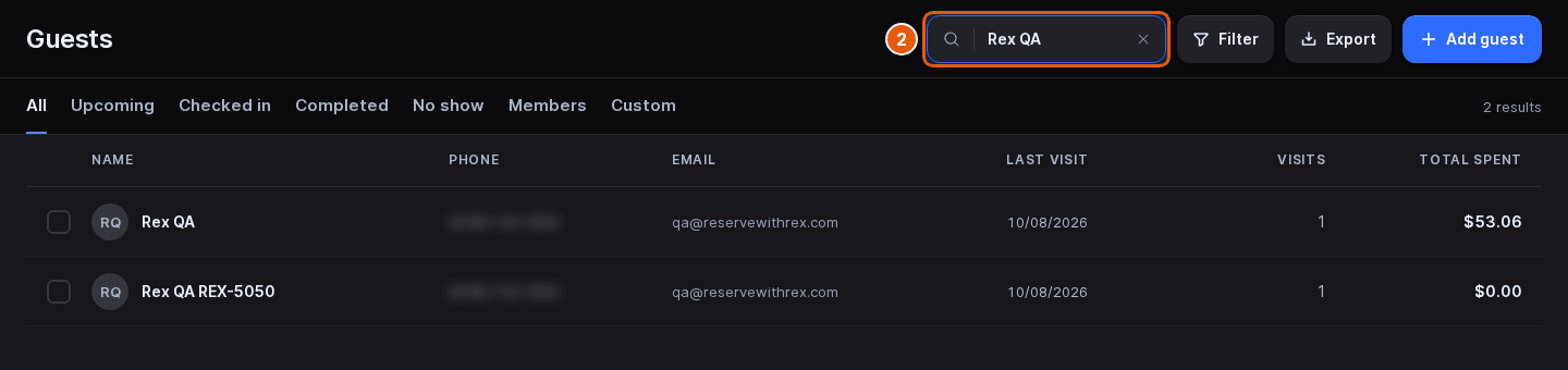 Guests page with Rex QA typed in the search box marked and two matching guests listed