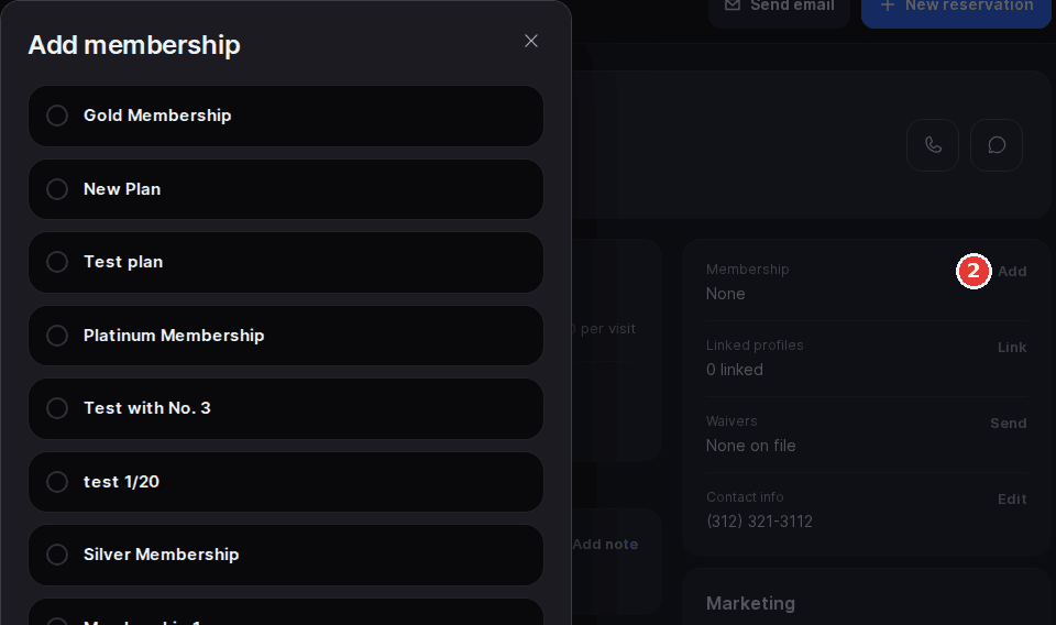 A guest profile in the Host App with the Add membership window open, listing membership plans to choose from