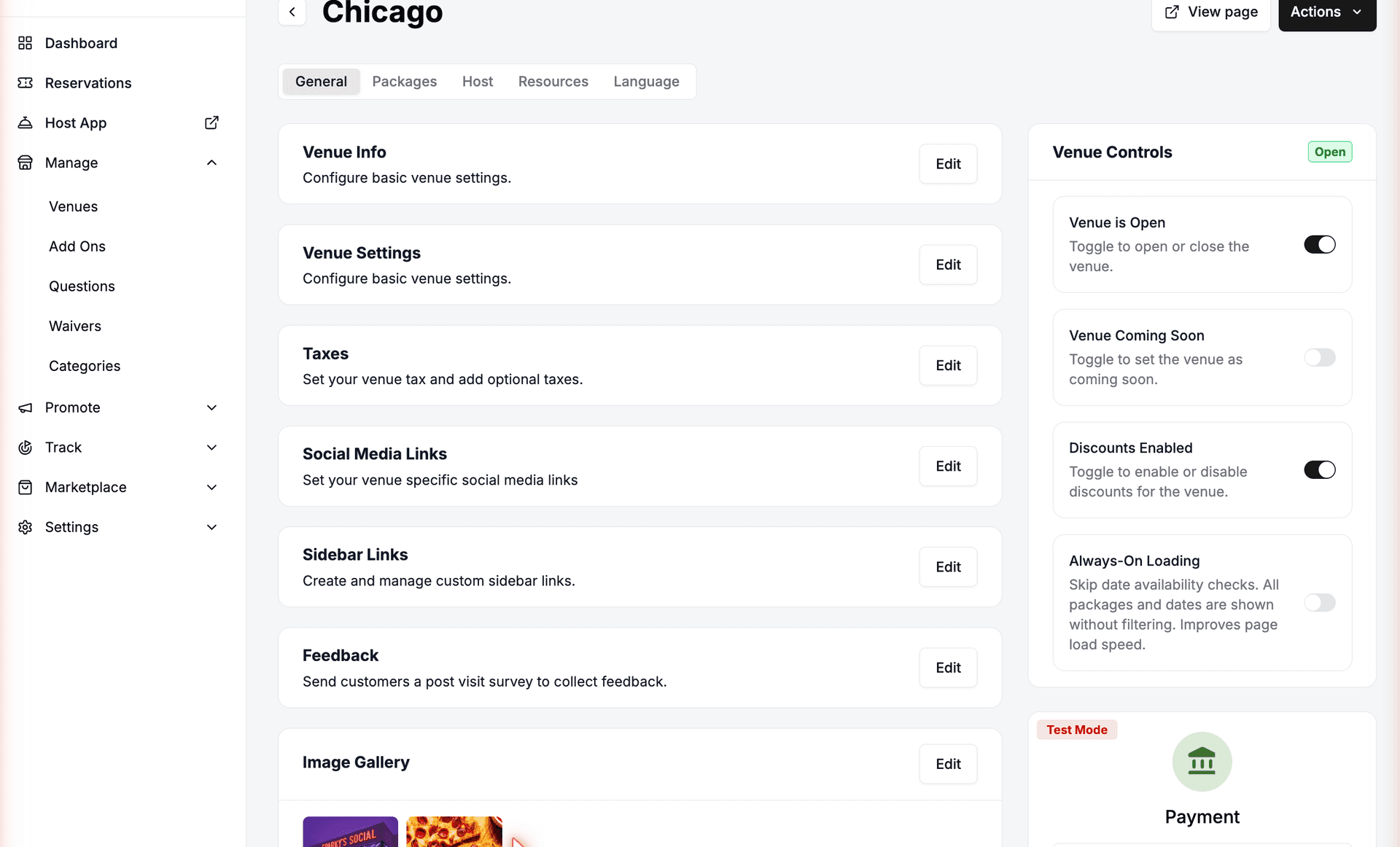A venue detail page showing the General tab cards (Venue Info, Venue Settings, Taxes, Social Media Links, Sidebar Links, Feedback, Image Gallery) and the Venue Controls panel on the right.