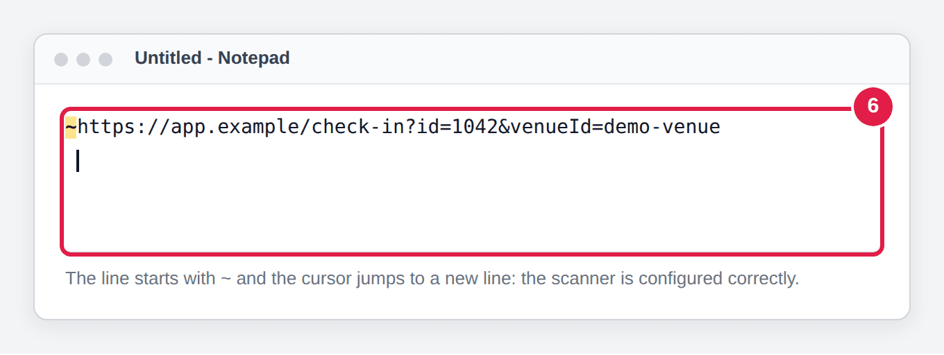 Illustration: a blank text editor showing a scanned line that starts with ~ followed by the check-in link, with the cursor on the next line