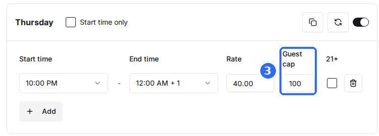 A schedule day with one time slot from 10:00 PM to 12:00 AM and a Guest cap of 100.