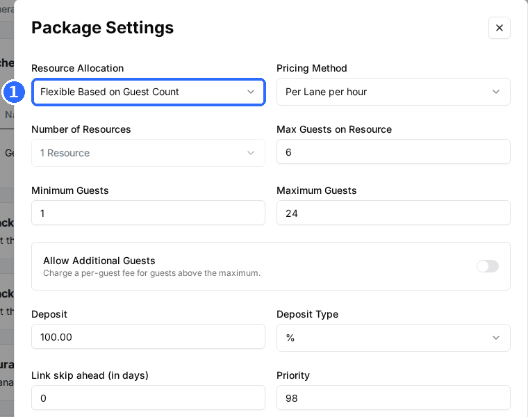 The Package Settings window showing Resource Allocation set to Flexible Based on Guest Count, Pricing Method, Max Guests on Resource, Minimum Guests, Maximum Guests and Deposit.