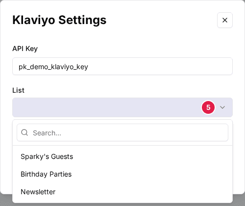 The Klaviyo Settings window with the List dropdown (5) open and listing the Klaviyo lists to choose from
