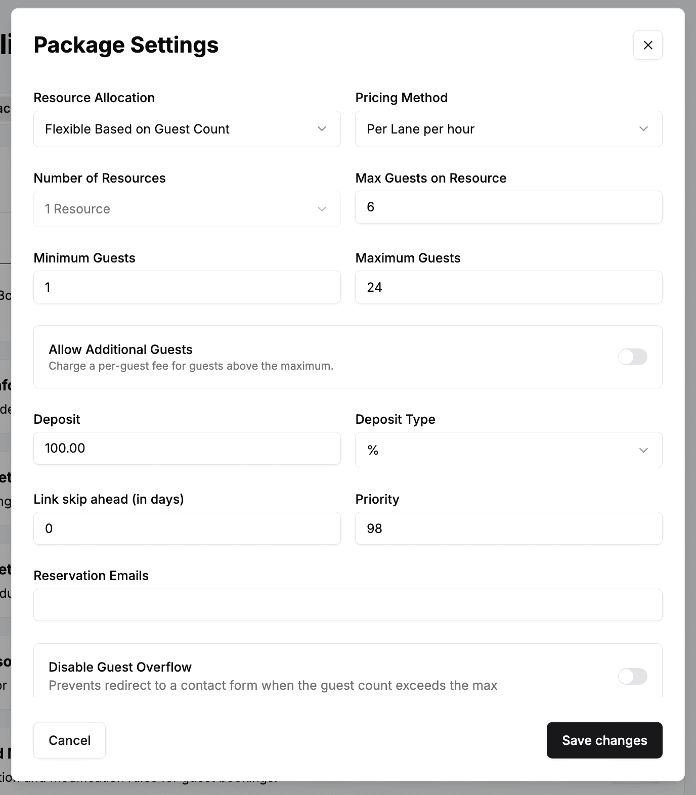 The Package Settings window with the Pricing Method dropdown set to Per Lane per hour, alongside Resource Allocation, guest limits, and Deposit fields.