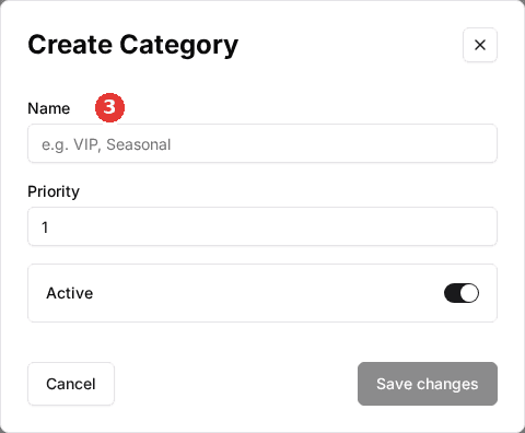 The Create Category window with a Name field, a Priority field set to 1, and an Active toggle that is on