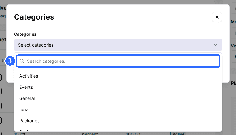 The plan's Categories window with the Select categories selector open, showing the Search categories box and the list of categories